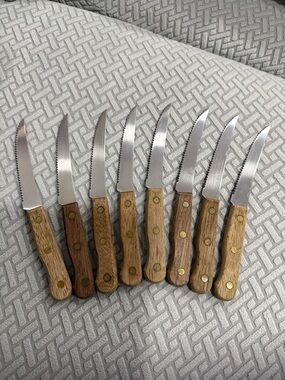 Lot 8 Vtg Old Homestead Lifetime Cutlery Steak Knives Wood Grain Riveted Japan